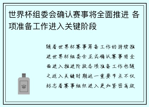 世界杯组委会确认赛事将全面推进 各项准备工作进入关键阶段